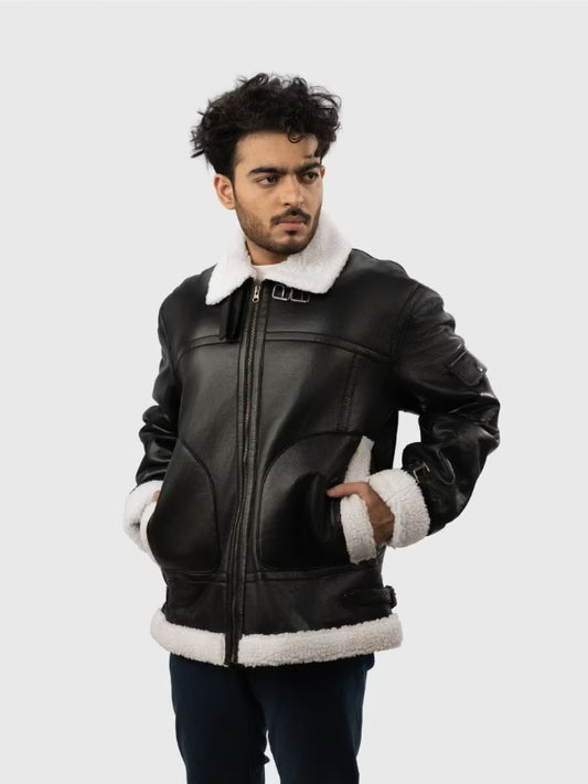 Men’s B-3 Black Leather Shearling Jacket