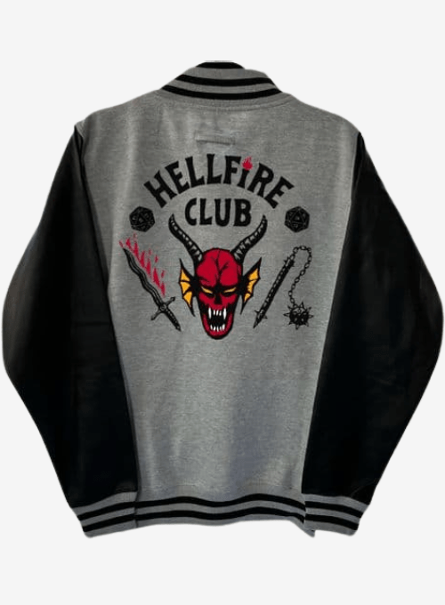 Hellfire Club Black Varsity Jacket, black wool, leather sleeves, embroidered Stranger Things logo