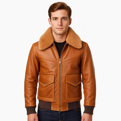 Men's Brown B3 Aviator Leather Jacket - Genuine Shearling Lined Bomber Coat with Fur Collar