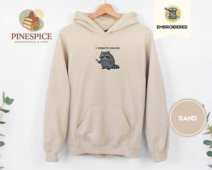 I Require Snacks Hoodie, Embroidered Raccoon Sweatshirt, Funny Gildan 18500 Hoodie, Snack Lover Gift, Cozy Chaos Hoodie, Trash Panda