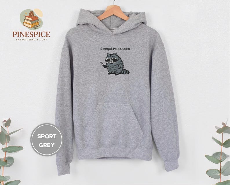 I Require Snacks Hoodie, Embroidered Raccoon Sweatshirt, Funny Gildan 18500 Hoodie, Snack Lover Gift, Cozy Chaos Hoodie, Trash Panda