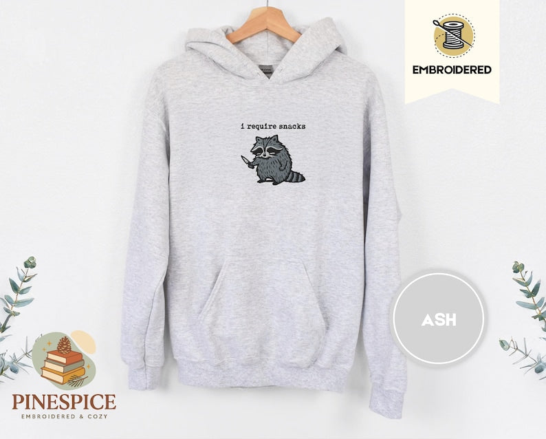 I Require Snacks Hoodie, Embroidered Raccoon Sweatshirt, Funny Gildan 18500 Hoodie, Snack Lover Gift, Cozy Chaos Hoodie, Trash Panda