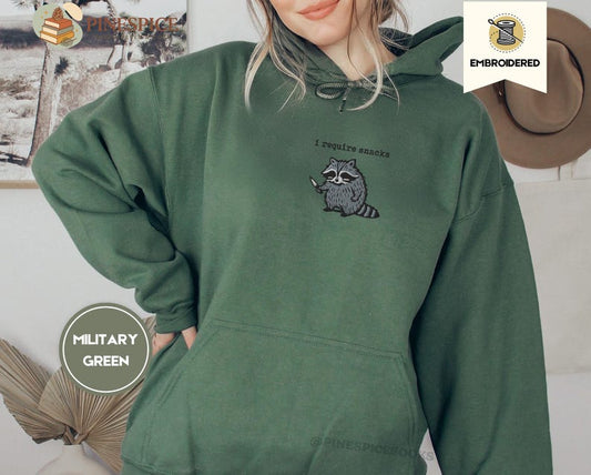 I Require Snacks Hoodie, Embroidered Raccoon Sweatshirt, Funny Gildan 18500 Hoodie, Snack Lover Gift, Cozy Chaos Hoodie, Trash Panda