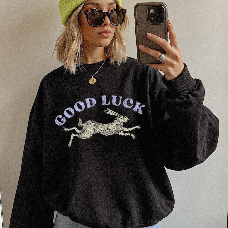 Good luck sweathirt. Lucky Rabbit sweater. Easy Tiger. Cool women's sweatshirt. Aesthetic sweaters. Cool girl sweaters. Retro western style.