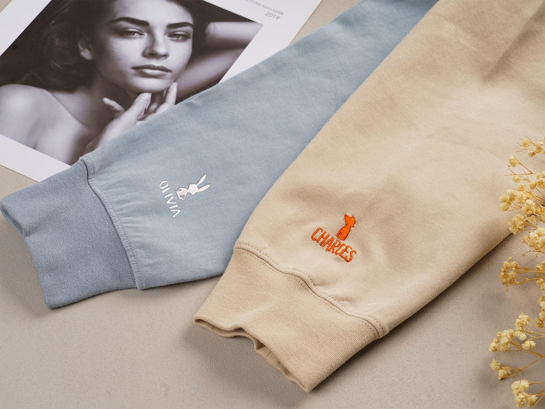 Custom Embroidered Hoodie | Matching Couples Animal Silhouette Sweatshirt | Best Friend Gift | Fox & Rabbit Valentines Day Gift with Names
