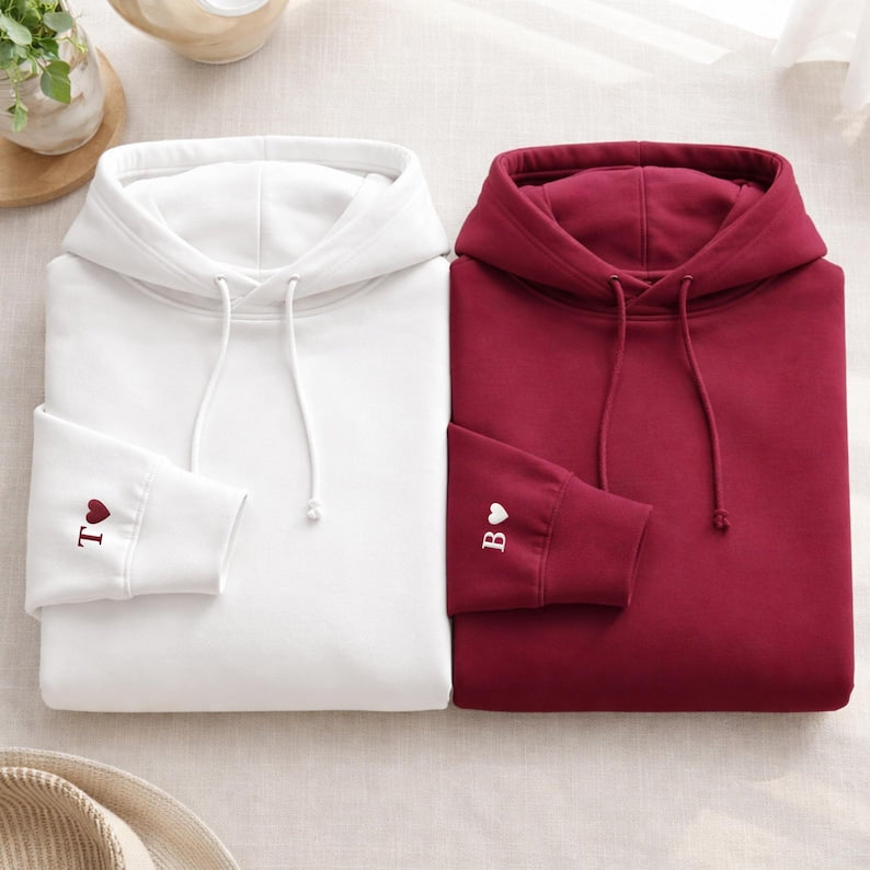 Custom Embroidery Initial Heart sleeve Hoodie, Personalized Valentines Sweatshirt, Embroidered Couples Outfit