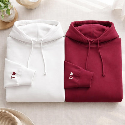 Custom Embroidery Initial Heart sleeve Hoodie, Personalized Valentines Sweatshirt, Embroidered Couples Outfit