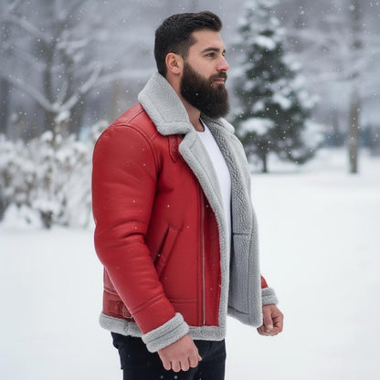 Men’s Red A2 Bomber Leather Jacket – Christmas Holiday Aviator Coat | Genuine Leather Jacket with Faux Fur Collar | Winter Fashion Gift