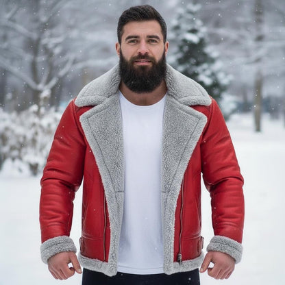 Men’s Red A2 Bomber Leather Jacket – Christmas Holiday Aviator Coat | Genuine Leather Jacket with Faux Fur Collar | Winter Fashion Gift