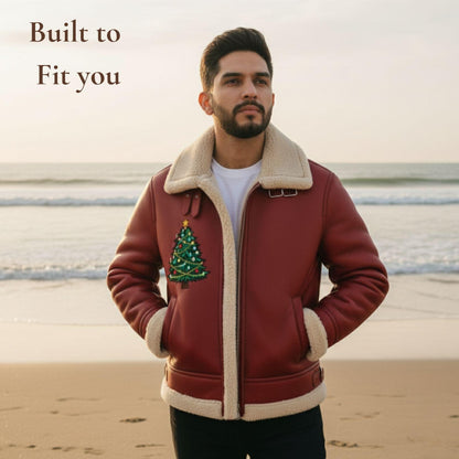 Men’s Christmas Tree Red Shearling Leather Bomber Jacket 2025 Edition