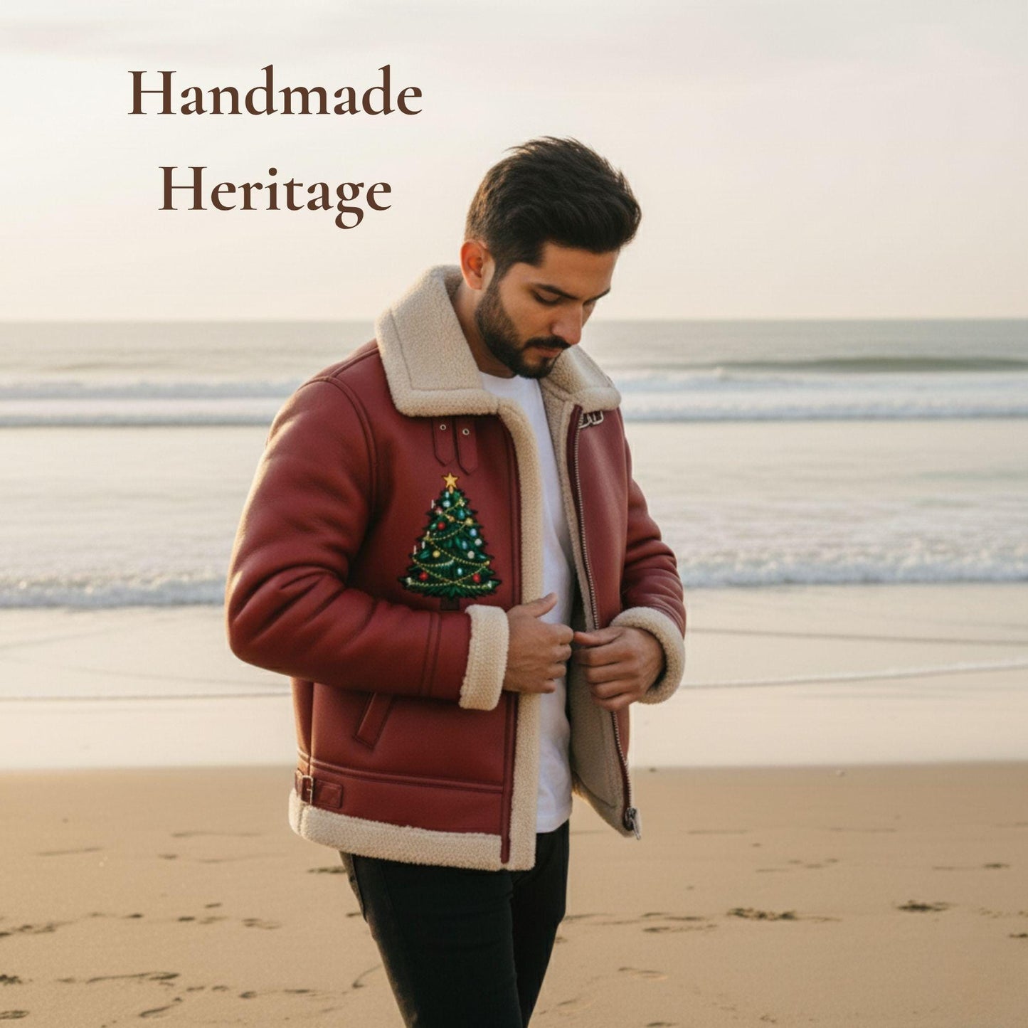 Men’s Christmas Tree Red Shearling Leather Bomber Jacket 2025 Edition