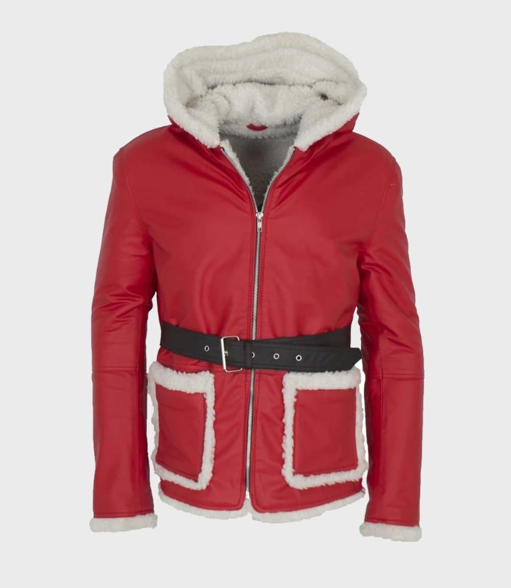 Men’s Santa Claus Red Leather Jacket with white fur trim and belted waist – Christmas holiday outfit