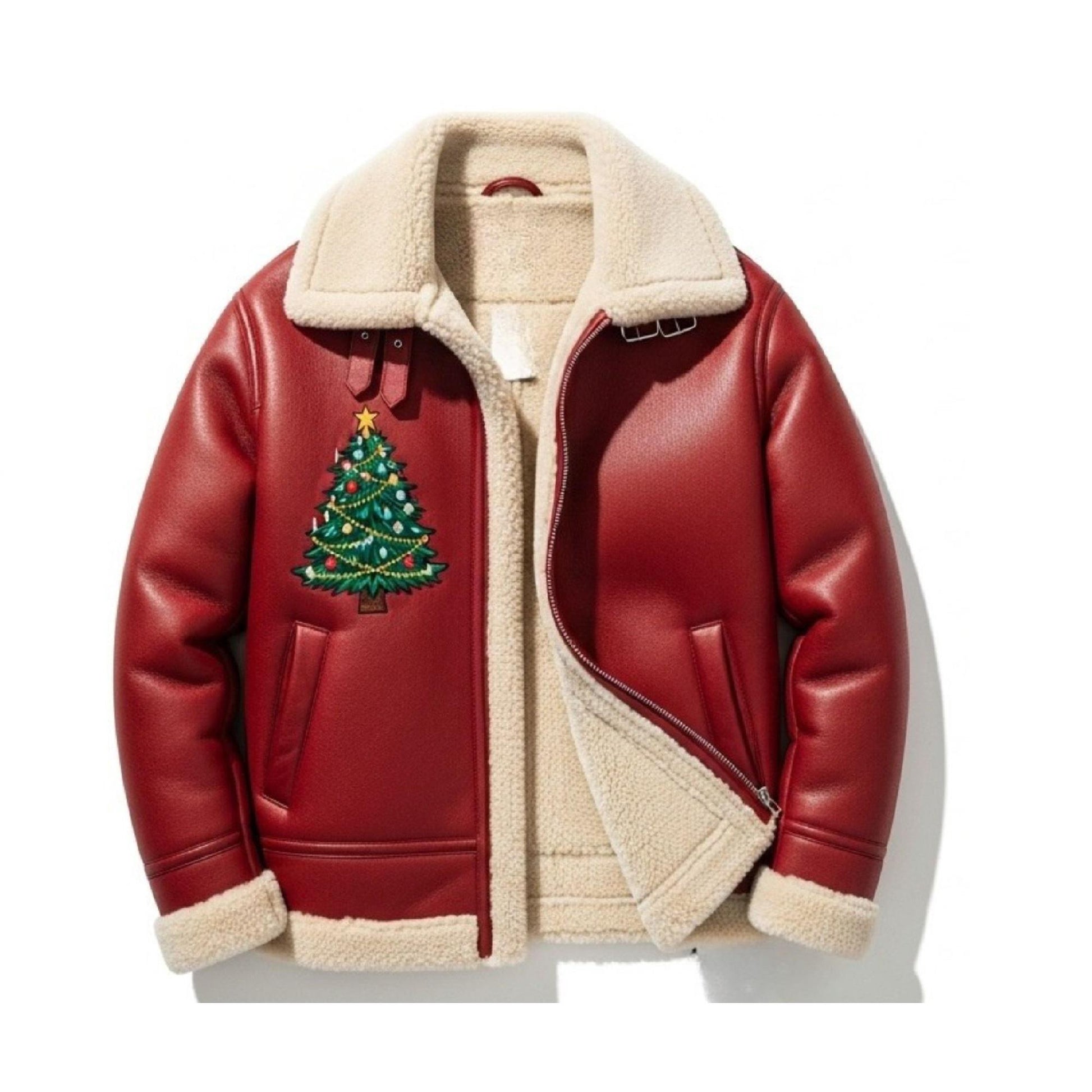 Men’s Christmas Tree Red Shearling Leather Bomber Jacket 2025 Edition