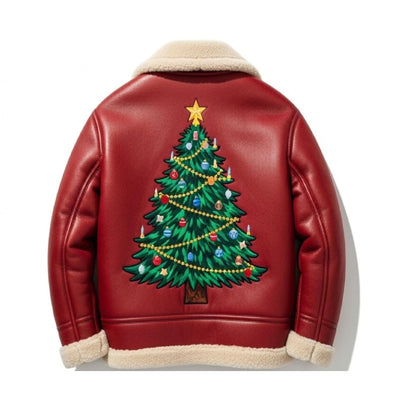 Men’s Christmas Tree Red Shearling Leather Bomber Jacket 2025 Edition