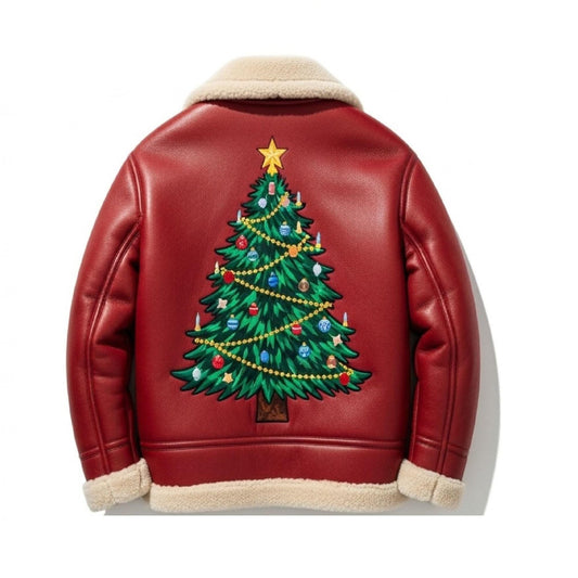 Men’s Christmas Tree Red Shearling Leather Bomber Jacket 2025 Edition