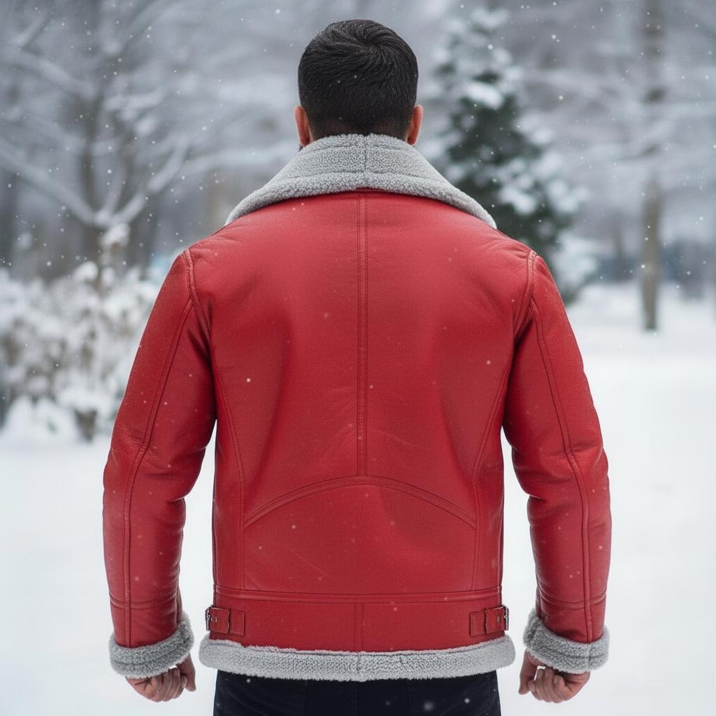 Men’s Red A2 Bomber Leather Jacket – Christmas Holiday Aviator Coat | Genuine Leather Jacket with Faux Fur Collar | Winter Fashion Gift