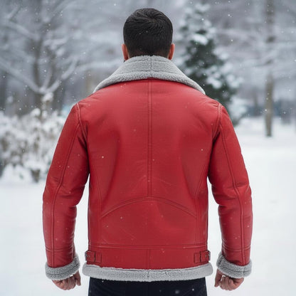 Men’s Red A2 Bomber Leather Jacket – Christmas Holiday Aviator Coat | Genuine Leather Jacket with Faux Fur Collar | Winter Fashion Gift