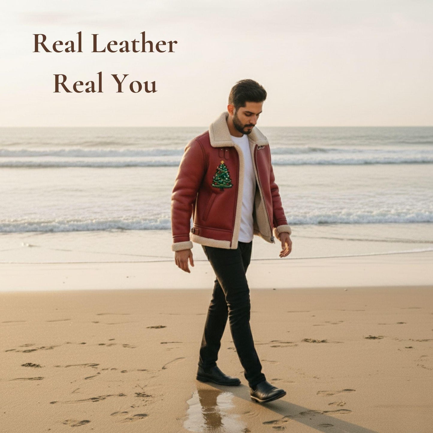 Men’s Christmas Tree Red Shearling Leather Bomber Jacket 2025 Edition