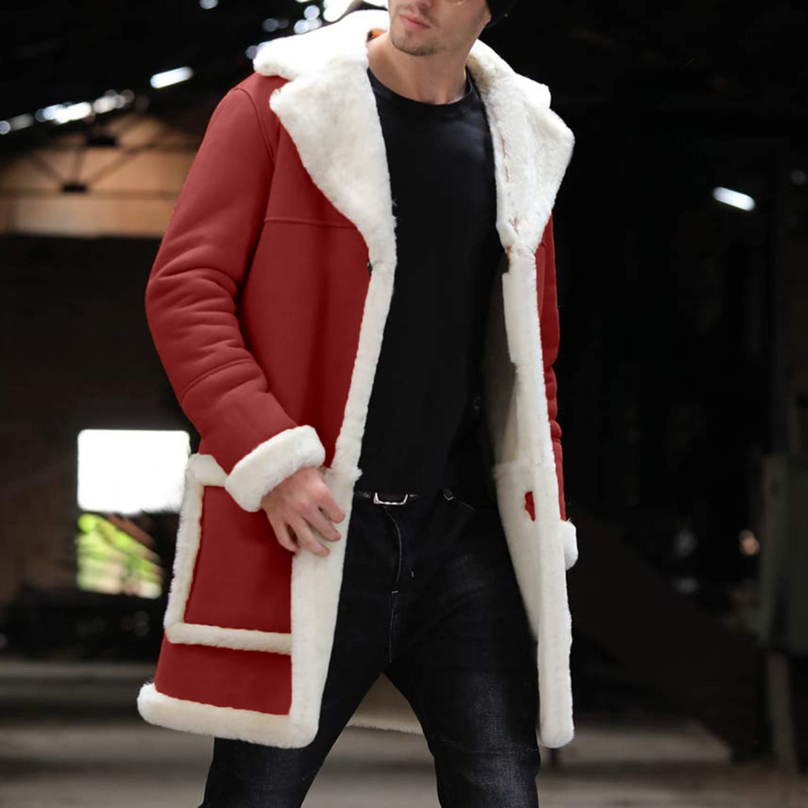 Men’s Red Wool Trench Coat – Santa Style with Sherpa Lining