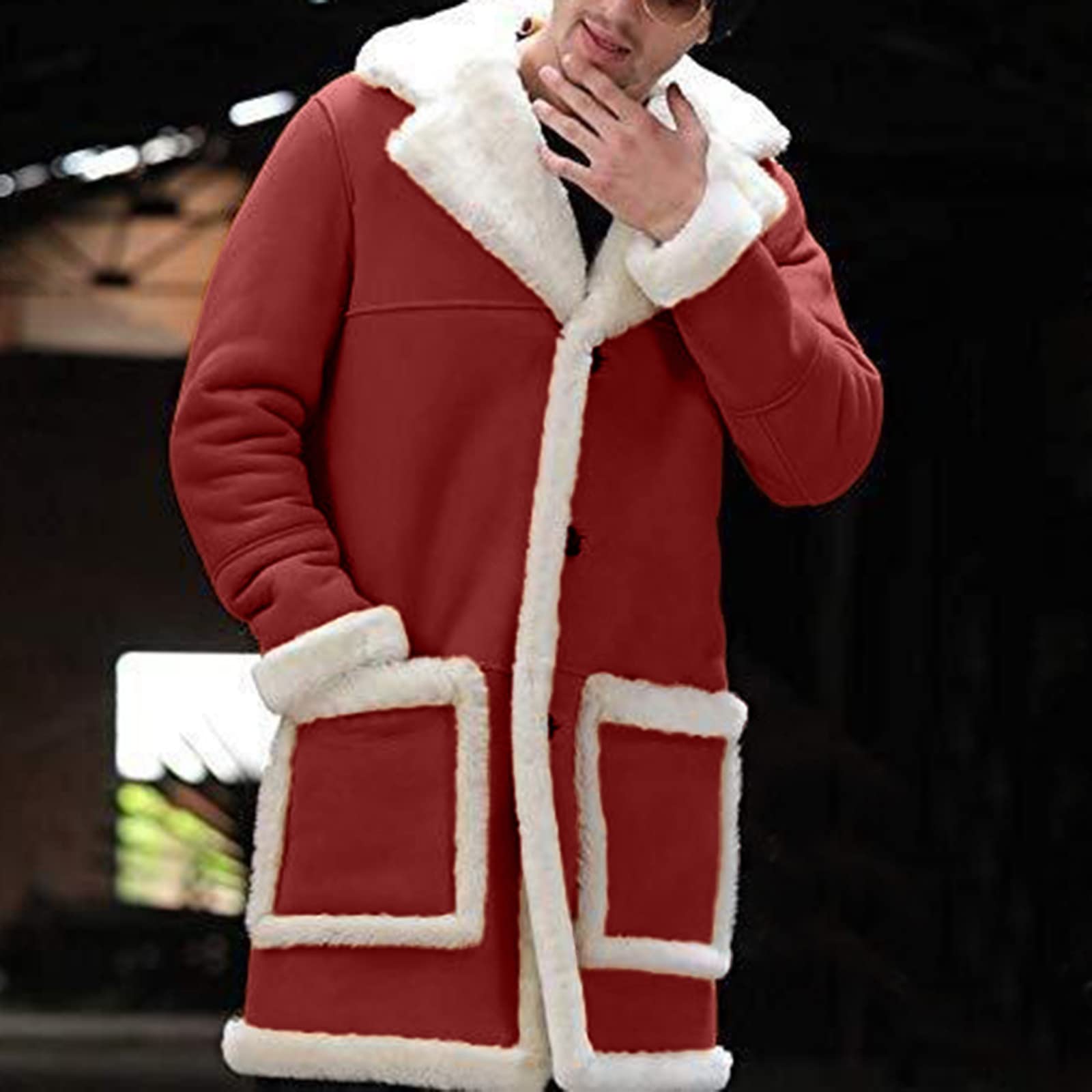 Men’s Red Wool Trench Coat – Santa Style with Sherpa Lining