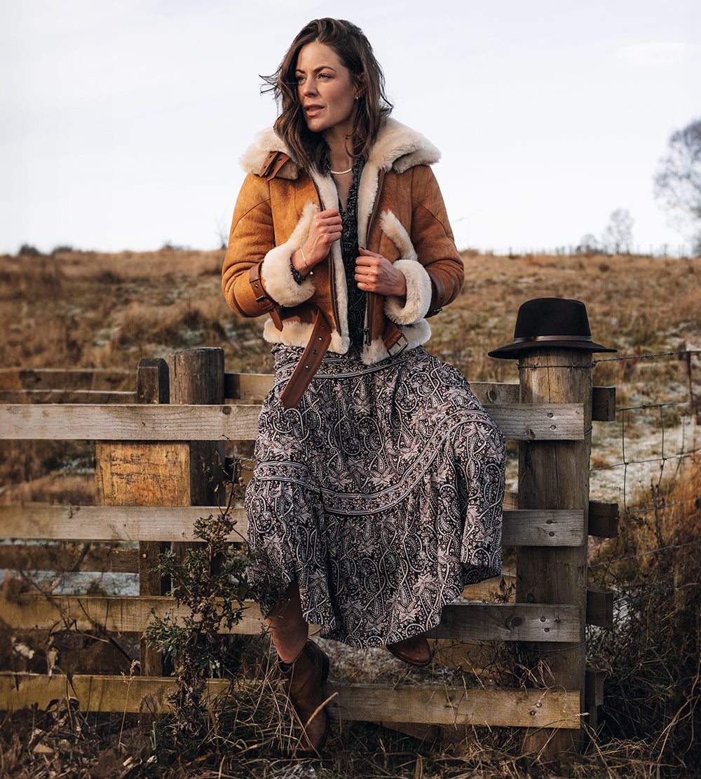 Kristy Vintage Cognac Women’s Cropped Shearling Bomber Jacket