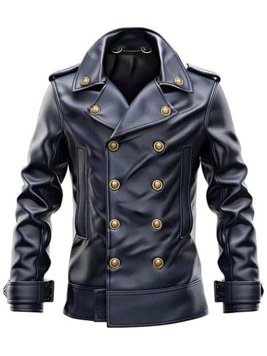 Men’s Black Genuine Sheepskin Double Breasted Leather Peacoat