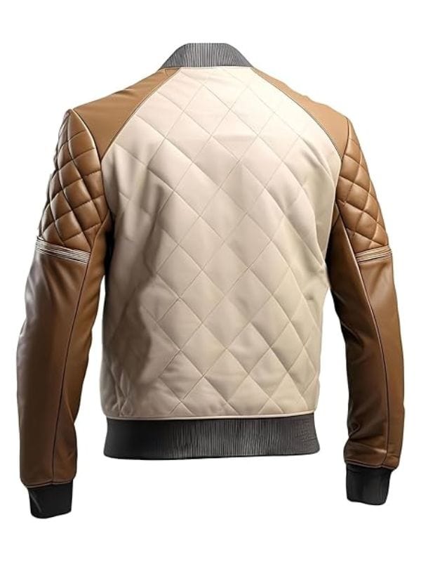 Men’s Brown Beige Genuine Sheepskin Quilted Bomber Leather Jacket