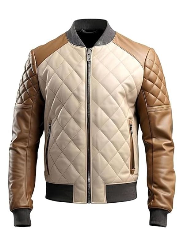 Men’s Brown Beige Genuine Sheepskin Quilted Bomber Leather Jacket