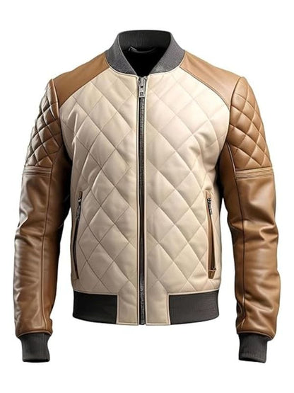 Men’s Brown Beige Genuine Sheepskin Quilted Bomber Leather Jacket
