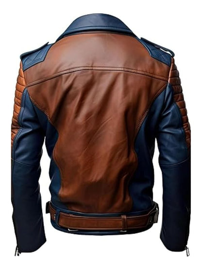 “Men’s Brown & Blue Quilted Racer Leather Biker Jacket Slim-Fit Streetwear Arna Luxe”