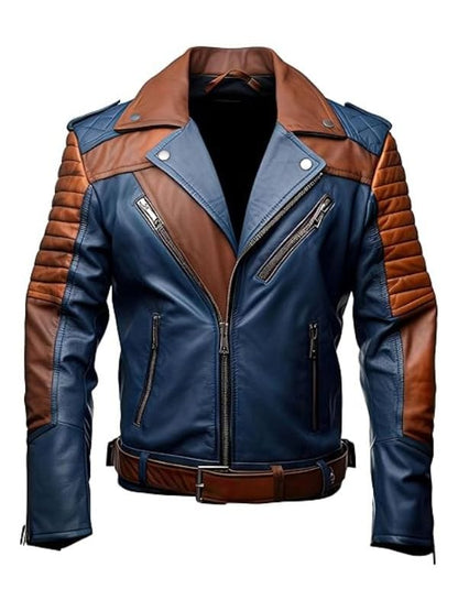 “Men’s Brown & Blue Quilted Racer Leather Biker Jacket Slim-Fit Streetwear Arna Luxe”