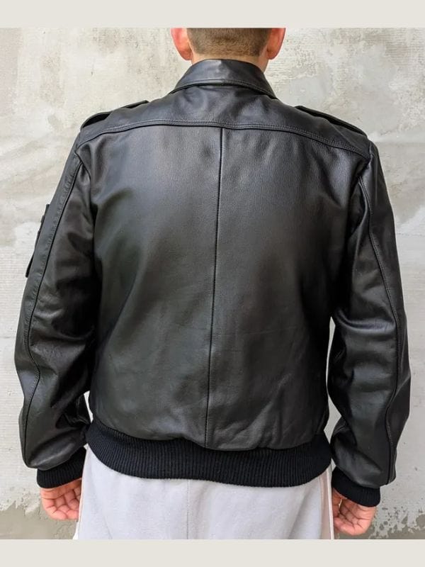 Men's Classic Flap Pockets Black Leather Bomber Jacket