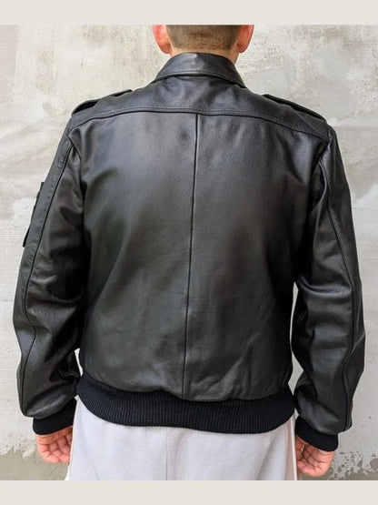 Men's Classic Flap Pockets Black Leather Bomber Jacket