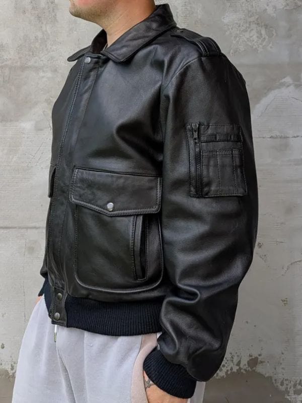 Men's Classic Flap Pockets Black Leather Bomber Jacket