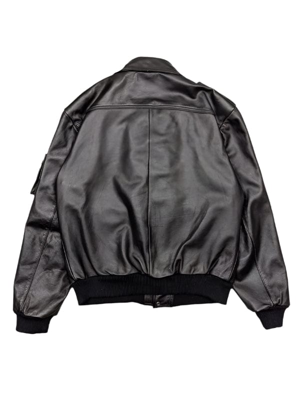 Men's Classic Flap Pockets Black Leather Bomber Jacket