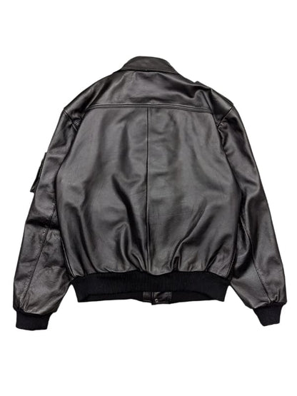Men's Classic Flap Pockets Black Leather Bomber Jacket