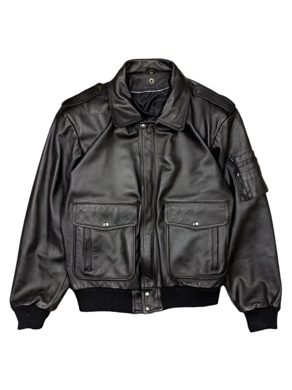 Men's Classic Flap Pockets Black Leather Bomber Jacket