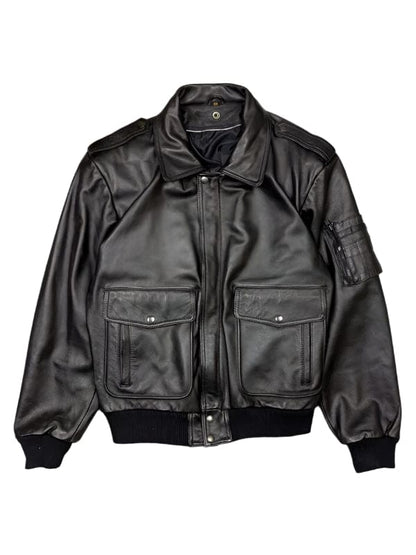 Men's Classic Flap Pockets Black Leather Bomber Jacket
