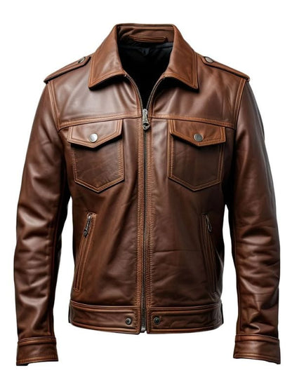 Men’s Dark Brown Trucker Jacket made from genuine sheepskin with shirt collar – Arna Luxe