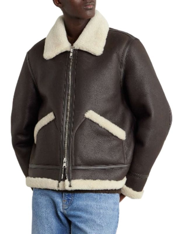 Men's Luxurious Dark Brown Shearling Lined Aviator Bomber Jacket
