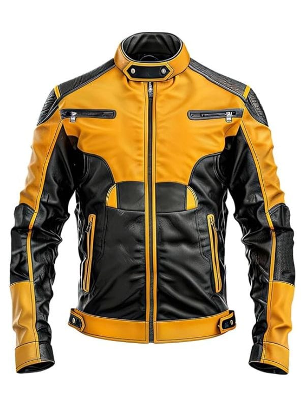 “Men’s Mustard & Black Racer Motorcycle Jacket Multi-Zipper Slim Fit Arna Luxe”
