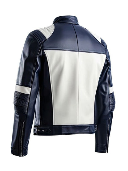 “Men's Navy Blue & White Café Racer Leather Jacket with Quilted Shoulders by Arna Luxe”