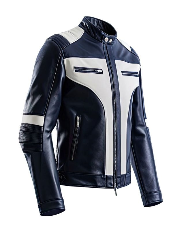“Men's Navy Blue & White Café Racer Leather Jacket with Quilted Shoulders by Arna Luxe”