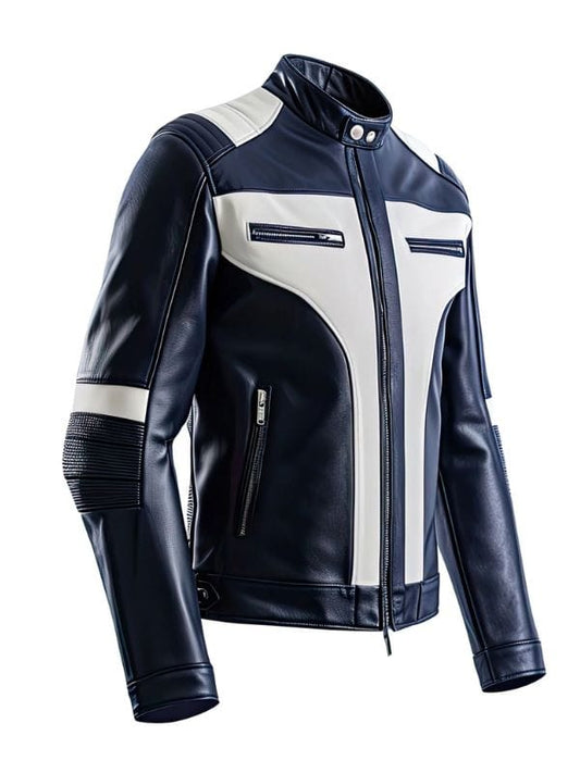 “Men's Navy Blue & White Café Racer Leather Jacket with Quilted Shoulders by Arna Luxe”