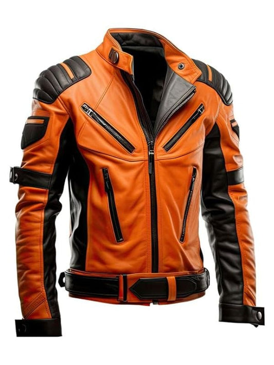 Orange and black motorcycle jacket – multi-zipper biker style by Arna Luxe