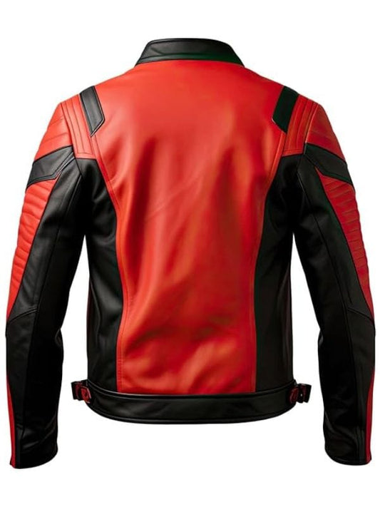 Model wearing Men’s Red and Black Quilted Biker Jacket with stand collar from Arna Luxe