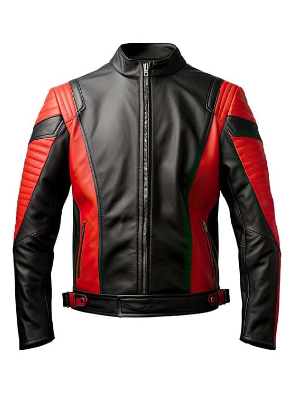 Model wearing Men’s Red and Black Quilted Biker Jacket with stand collar from Arna Luxe