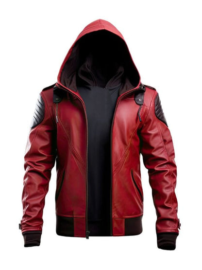 Men’s Red Genuine Sheepskin Stylish Hooded Jacket