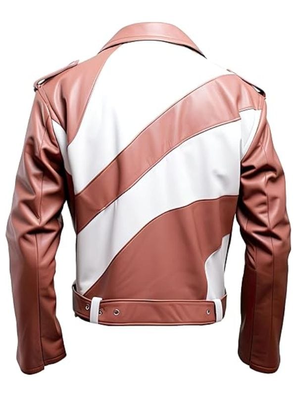 Men’s Rosy Brown White Genuine Sheepskin Biker Belted Leather Jacket