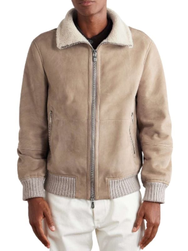 Men's Shearling Collar Beige Suede Bomber Jacket